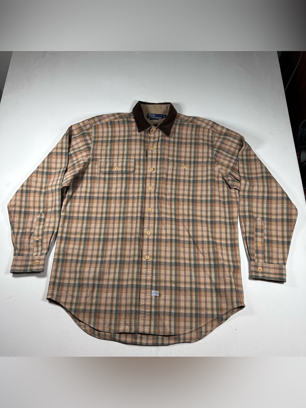 Polo Ralph Lauren VTG 90s Denim Plaid Button Down Shirt Mens XXL Corduroy Collar
